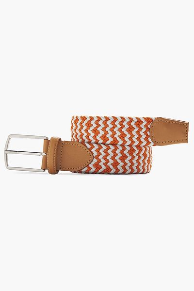 hateko Men's Orange White Genuine Leather Detailed Elastic Knitted Belt