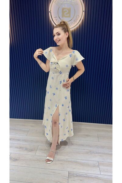 POYDER ÇİÇEK DESENLİ BÜZGÜLÜ UZUN YIRTMAÇLI ELBİSE