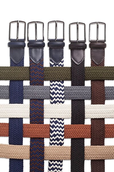 hateko Men's Ecru Genuine Leather Detailed Elastic Knitted Belt