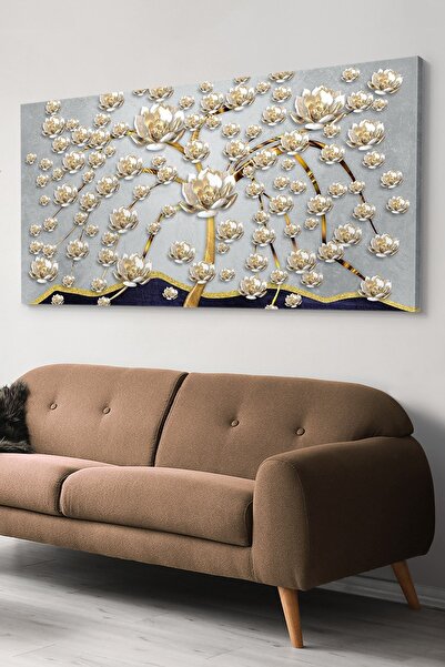 Evinemoda Gold Çiçekler Tek Parça Kanvas Canvas Tablo
