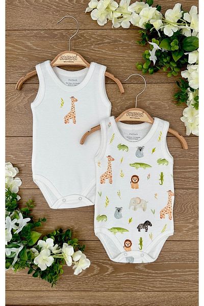 Renkli Puset 2-Piece Cotton Jersey Snap Baby Strap Body Bodysuit Set Giraffe Lion Chameleon