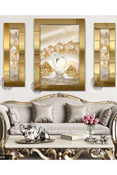 Evinemoda Kuğu Çiçekler Gold 3 Parça Aynalı Tablo