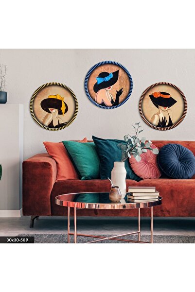 Evinemoda Renkli Şapkalı Kadınlar 3 Parça Mdf Tablo