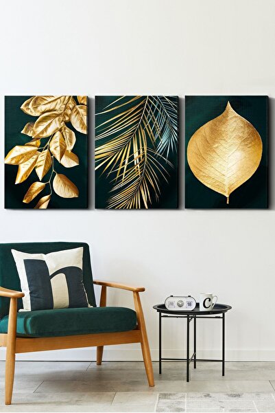 Evinemoda Zlatna lišća 3-dijelni platno - Slika na platnu