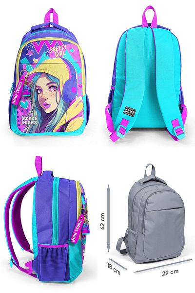 Coral High Rucsac cu trei ochi pentru fetiță - turcoaz lavandă cu căști + set de prânz