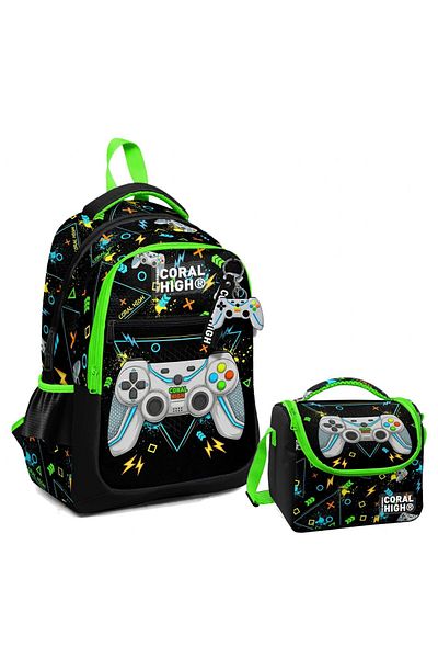 Coral High Cutie de prânz și școală primară cu trei compartimente cu model de jucător verde iluminator negru pentru bărbați
