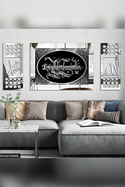 Evinemoda Besmele Hat Yazılı Yan Dekorlu 3 Parça Gümüş Pleksi Tablo