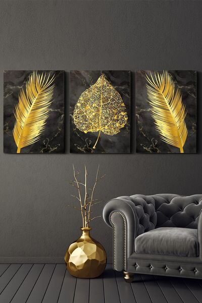 Evinemoda Gold Tüy Yaprak 3 Parça Kanvas - Canvas Tablo