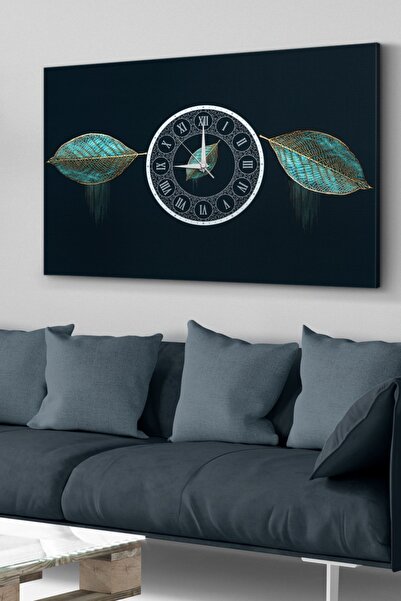 Evinemoda Turkuaz Yapraklar Saatli Kanvas - Canvas Tablo