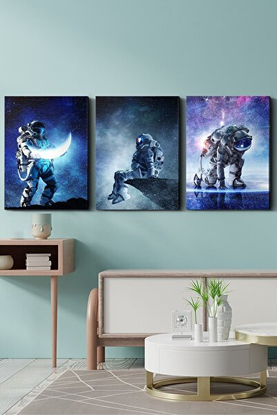 Evinemoda Astronot Uzay 3 Parça Kanvas - Canvas Tablo