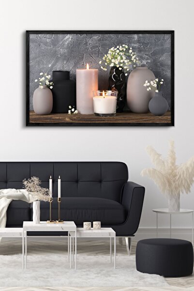 Evinemoda Mum Vazo Çiçekler Tek Parça Siyah Ahşap Çerçeveli Kanvas - Canvas Tablo