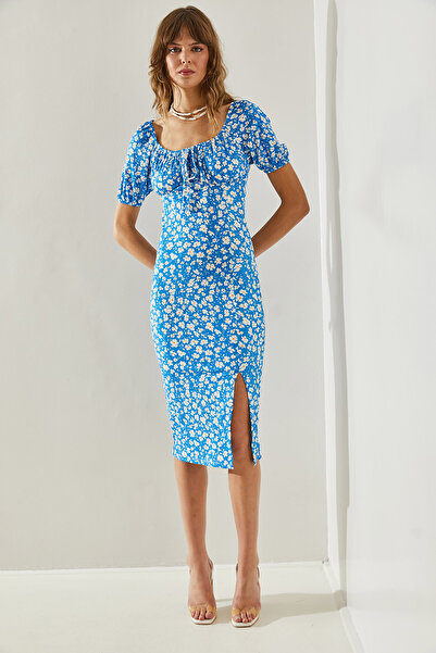 Bianco Lucci Rochie cu mâneci pepene verde cu cravată cu model de margarete - Detaliu cu fantă, 60251371