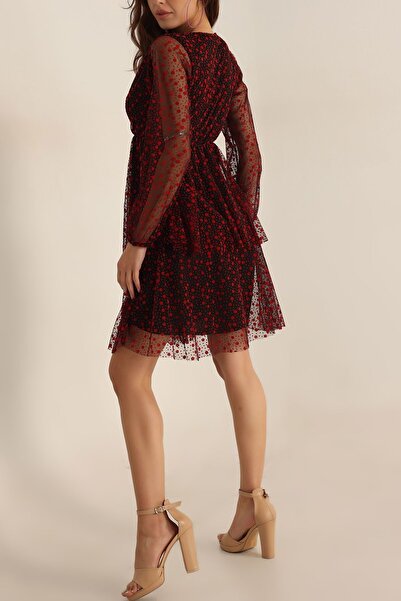 NY MODA Kadın Kırmızı Flok Baskı Kat Kat Tül Detay Abiye Elbise