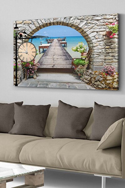Evinemoda Deniz Kenarı Saatli Kanvas - Canvas Tablo