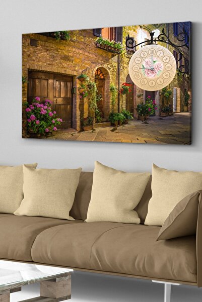 Evinemoda Çiçekli Evler Saatli Kanvas - Canvas Tablo