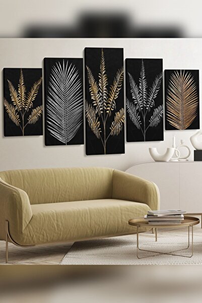 Evinemoda Gold Gümüş Dal 5 Parça Kanvas - Canvas Tablo