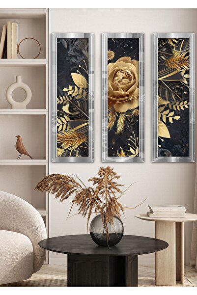 Evinemoda Gold Çiçek Yapraklar Gümüş Pleksi Aynalı 3 Parça Tablo