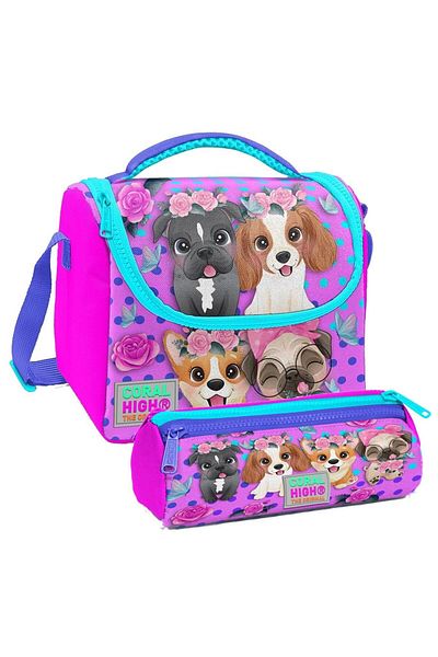 Coral High Set de geanți de prânz cu izolație termică și suport pentru stilouri cu model de câine roz pentru fete