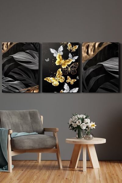 Evinemoda Kelebekler Yaprak 3 Parça Kanvas - Canvas Tablo