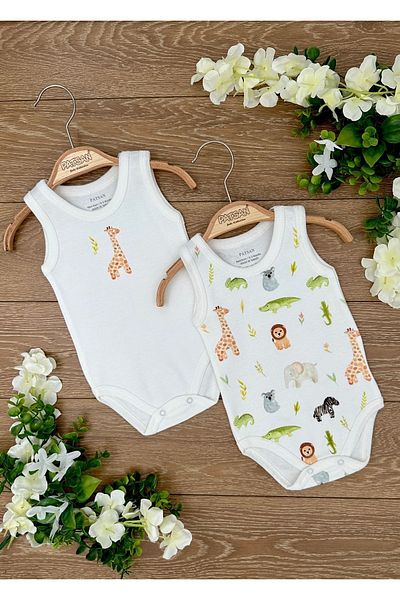 Renkli Puset 2-Piece Cotton Jersey Snap Baby Strap Body Bodysuit Set Giraffe Lion Chameleon