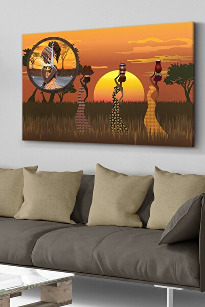 Evinemoda Afrikalı Kadınlar Saatli Kanvas - Canvas Tablo