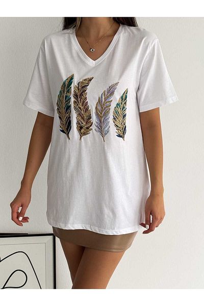 Esra Butik Hane Women's White V-Neck Sequin Embroidered 100% Cotton Large Size T-Shirt