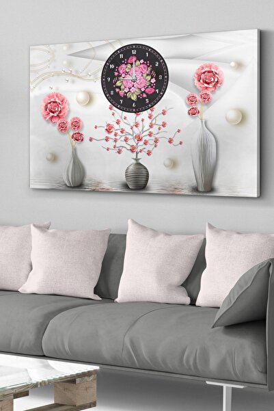 Evinemoda Gümüş Vazo Çiçekler Saatli Kanvas - Canvas Tablo