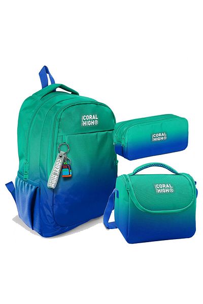 Coral High Set de genți pentru școala primară și gimnazială cu trei ochi - băiat - Saks verde cu model de tranziție a culorii