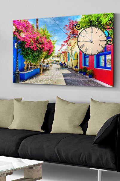 Evinemoda Çiçekli Sokak Saatli Kanvas - Canvas Tablo