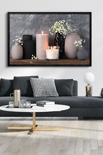 Evinemoda Mum Vazo Çiçekler Tek Parça Siyah Ahşap Çerçeveli Kanvas - Canvas Tablo