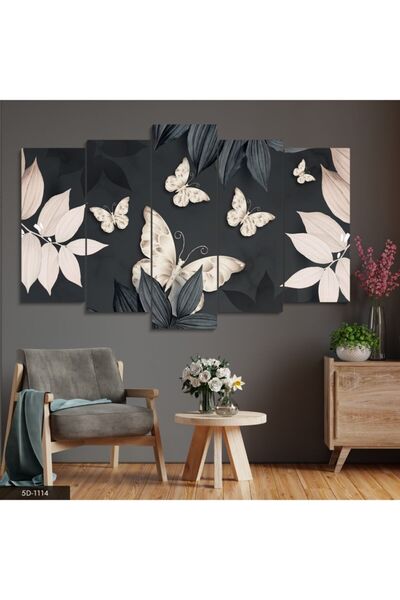Evinemoda Kelebekler Yapraklar 5 Parçalı Mdf Tablo