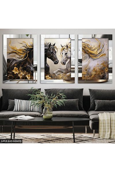 Evinemoda Pictură cu rame cu oglindă din plexiglas, 3 bucăți, tematică Noble Double Horse Love