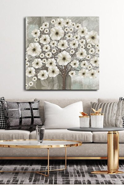 Evinemoda Pânză pătrată dintr-o singură bucată de copac cu flori albe - pictu...