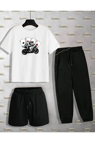 aynewmoda Game Card Patterned T-shirt and Shorts Tracksuit Set