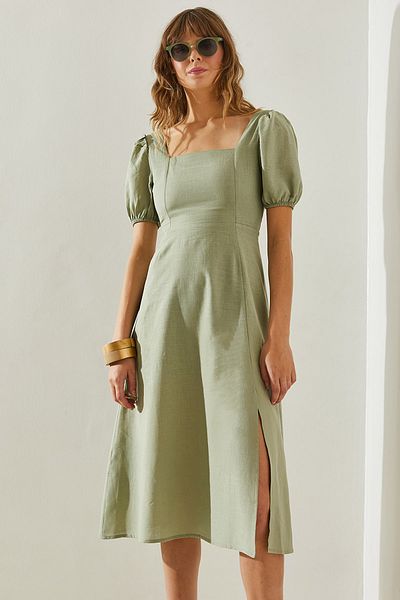 Bianco Lucci Linen Square Collar - Back Tie and Slit Detailed Dress 3517460251398