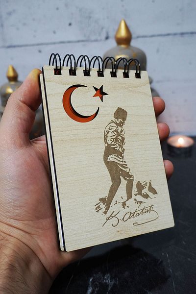 markcat Mini blocnotes din lemn cu tematică Kemal Atatürk - Caiet de buzunar - Lista mea