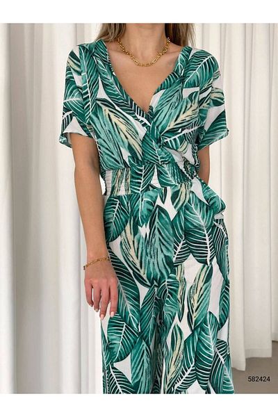 MODA DİNA Green Leaf Patterned Viscose Comfortable Summer Jumpsuit - V-Neck