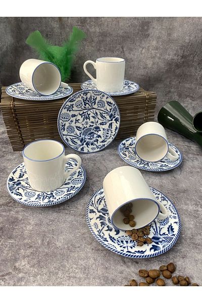 RUBİ PORSELEN Patterned Modern Simple Porcelain Coffee Cup Set for 6 People