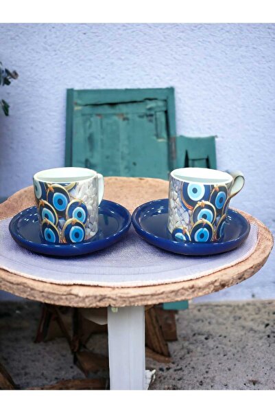 LADİJİTAL BASKI ÇÖZÜMLERİ طقم فناجين قهوة تركية مطرز باللون الأزرق الداكن مكو...