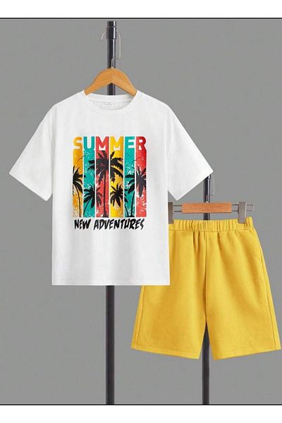 MORNİNG KİDS Kids White "Summer Adventures" Printed T-Shirt and Shorts Set