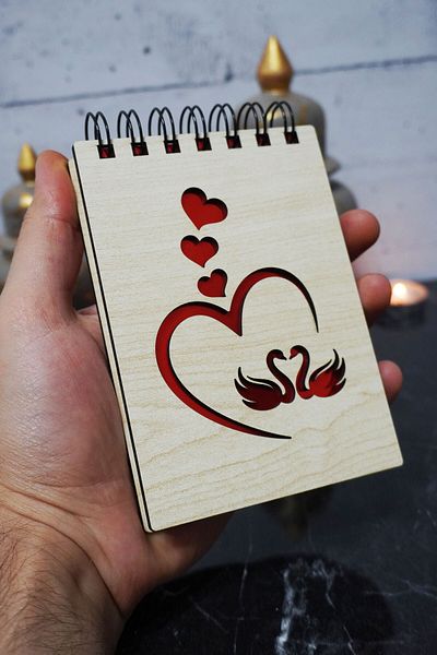 markcat Mini bloc de note cu tema Love Swan - Copertă din lemn, caiet de buzunar