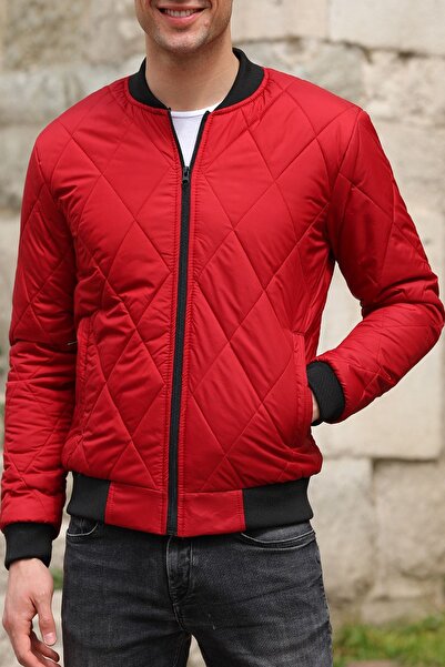 river green Men's Dark Red College Collar Water and Windproof Quilted Pattern...