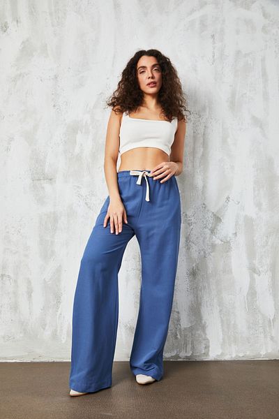 minaaise Indigo Linen Loose Cut Lace Detailed Trousers 27057