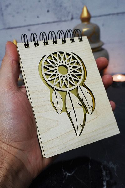 markcat Σημειωματάριο με θέμα το Dream Catcher με ξύλινο κάλυμμα - Μίνι σημειωματάριο τσέπης