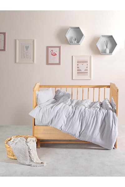 MYLASA HOME Müslin %100 Doğal Pamuk Gri Bebek Nevresim Seti 100 X 150cm