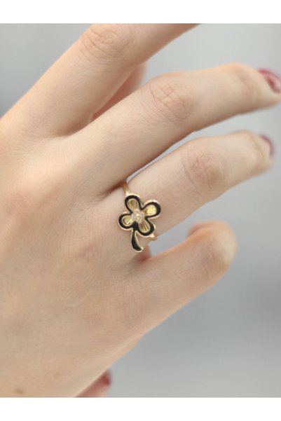 Zeynepli gold & jewelry 14 Ayar Altın Siyah Mineli Yonca Yüzük