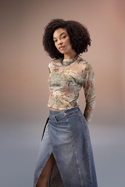 DeFacto Long Sleeve Crop T-Shirt - Crew Neck, Tie-Dye Tulle, B3644ax23au