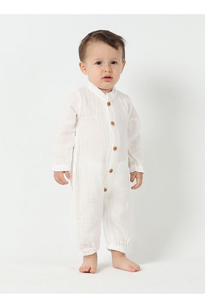 CFR Kids Unisex Baby Woven Organic Cotton Muslin Jumpsuit Ecru (BROKEN WHITE)