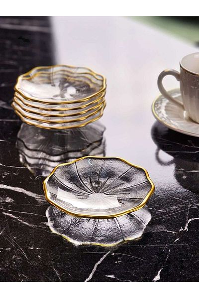 İnova Home Decor 6-Piece Feza Glass Snack Bowl-Teapot Set with Gold Detail