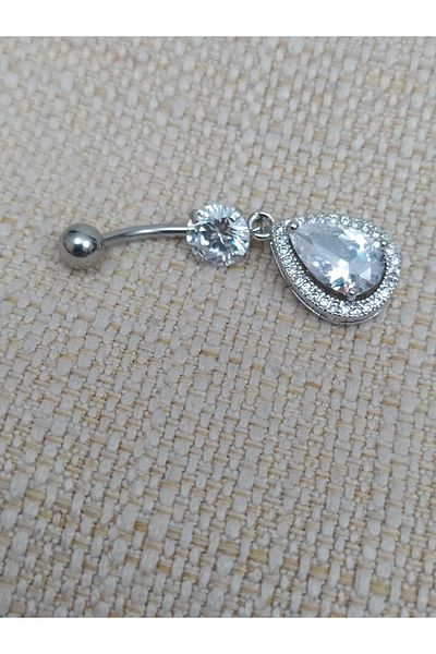 AyçaSilver Medical Steel Zircon Stone Belly Piercing with Dangle